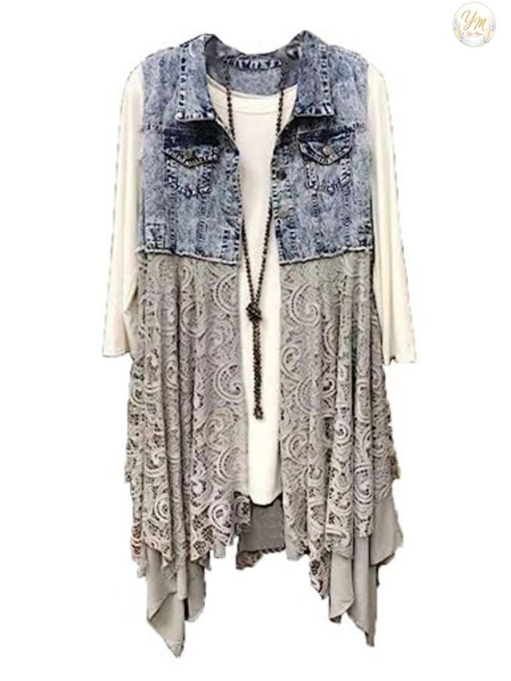 Women's Denim Vest Sleeveless Ripped Patchwork Jean Vest With Irregular Lace Hem